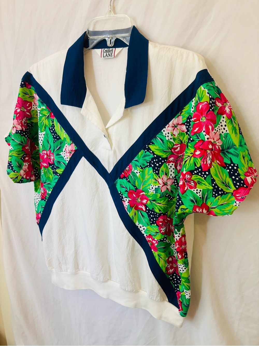 resort wear 80s 90s hibiscus print campus style polo top - Picture 6 of 6